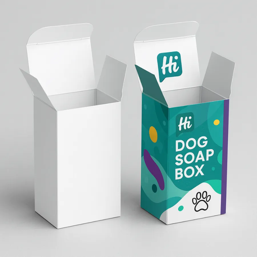 Dog soap packaging with tuck ends- shown as a plain white box and a brightly printed box- class=